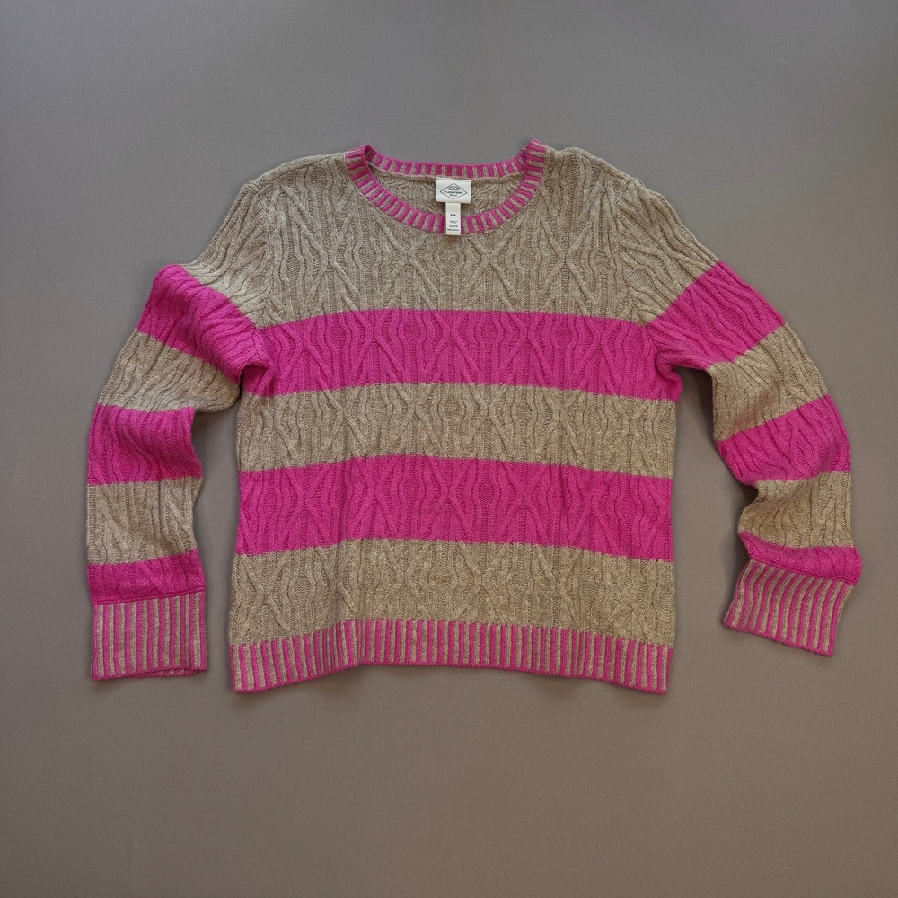 St. Johns Bay Womens PM Petite Medium Pink Tan Striped Cable Knit Sweater Fall